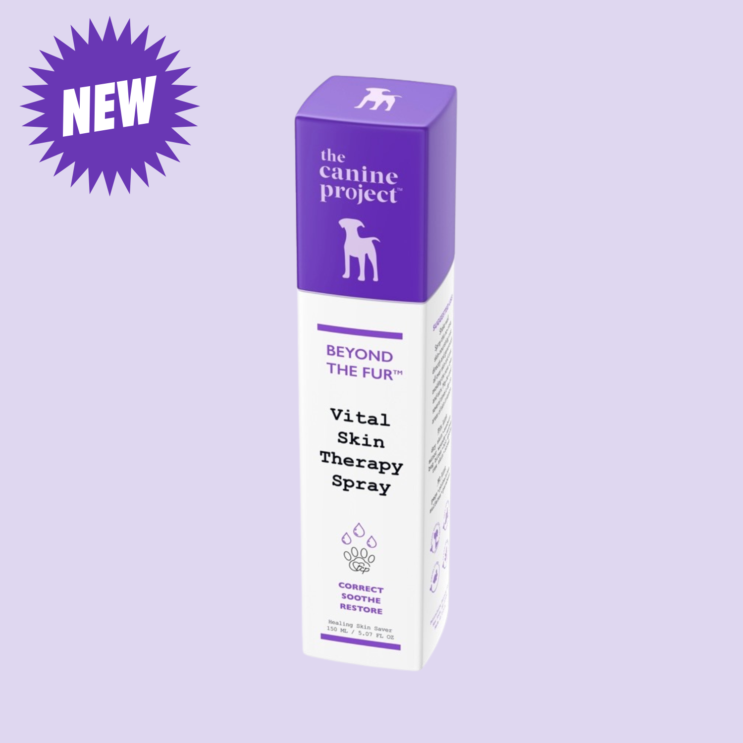 The Canine Project Vital Skin Therapy Spray packaging on a light purple background