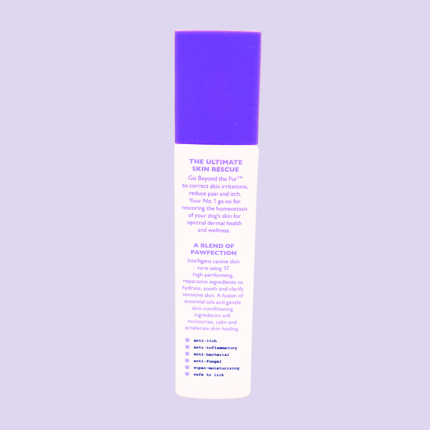 Product packaging with text on a light purple background