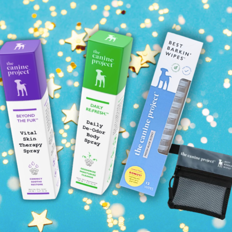 Collection of pet care products from The Canine Project on a blue background with star decorations.