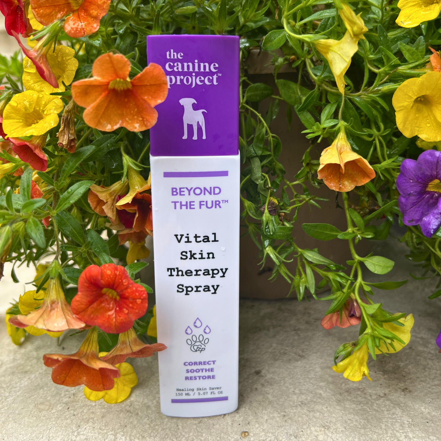 Canine Project Vital Skin Therapy Spray bottle with flowers in the background