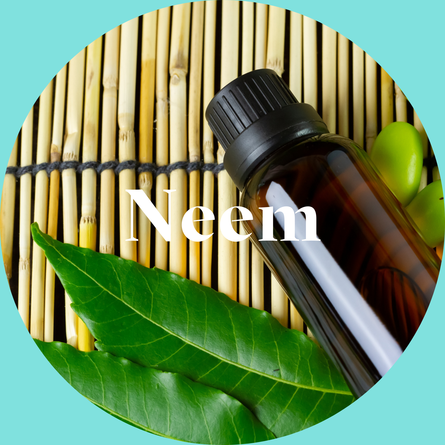 Brown bottle with black cap on a bamboo mat with green leaves, labeled 'Neem'.
