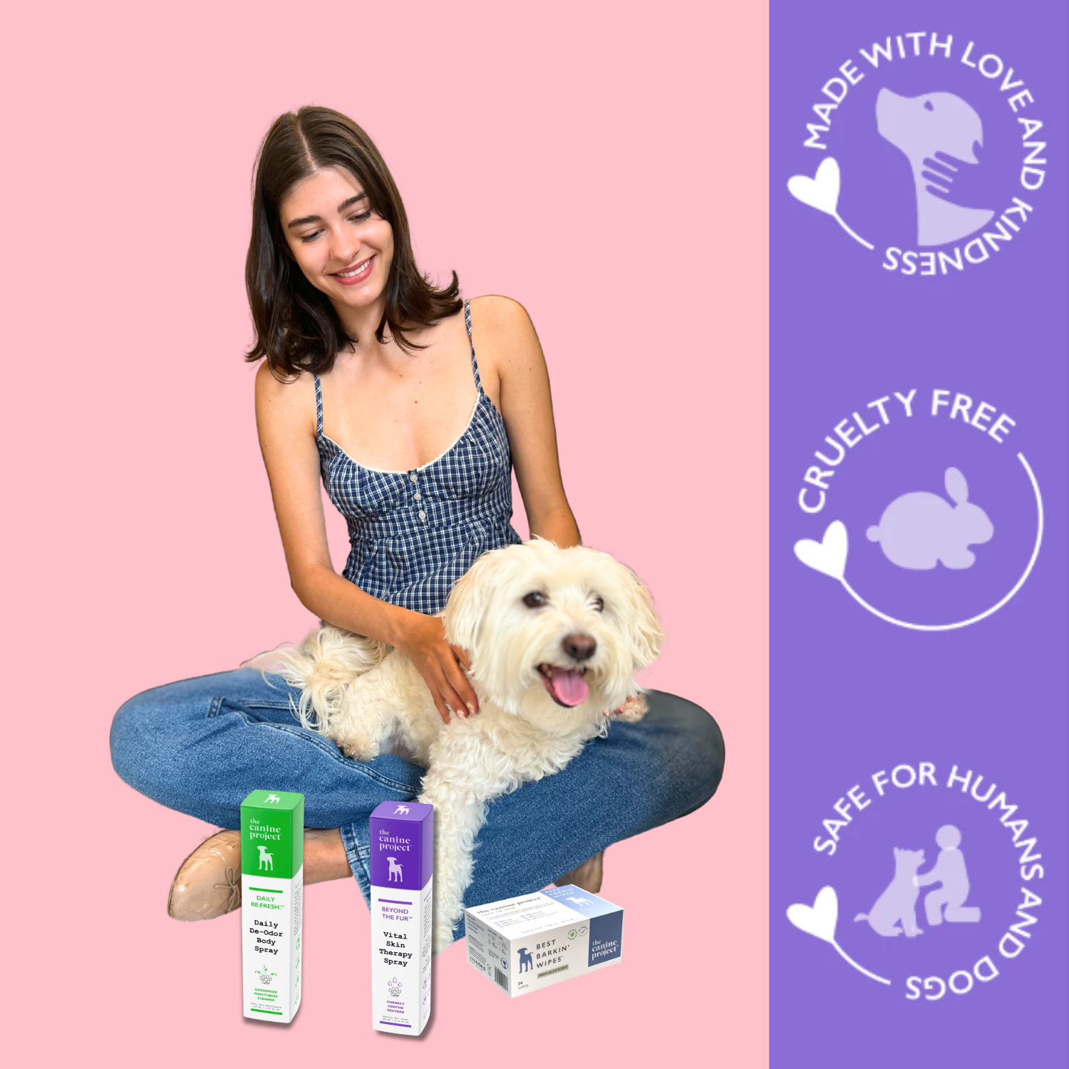 Woman sitting with a dog holding pet care products on a pink background with 'Made with Love and Kindness' branding.